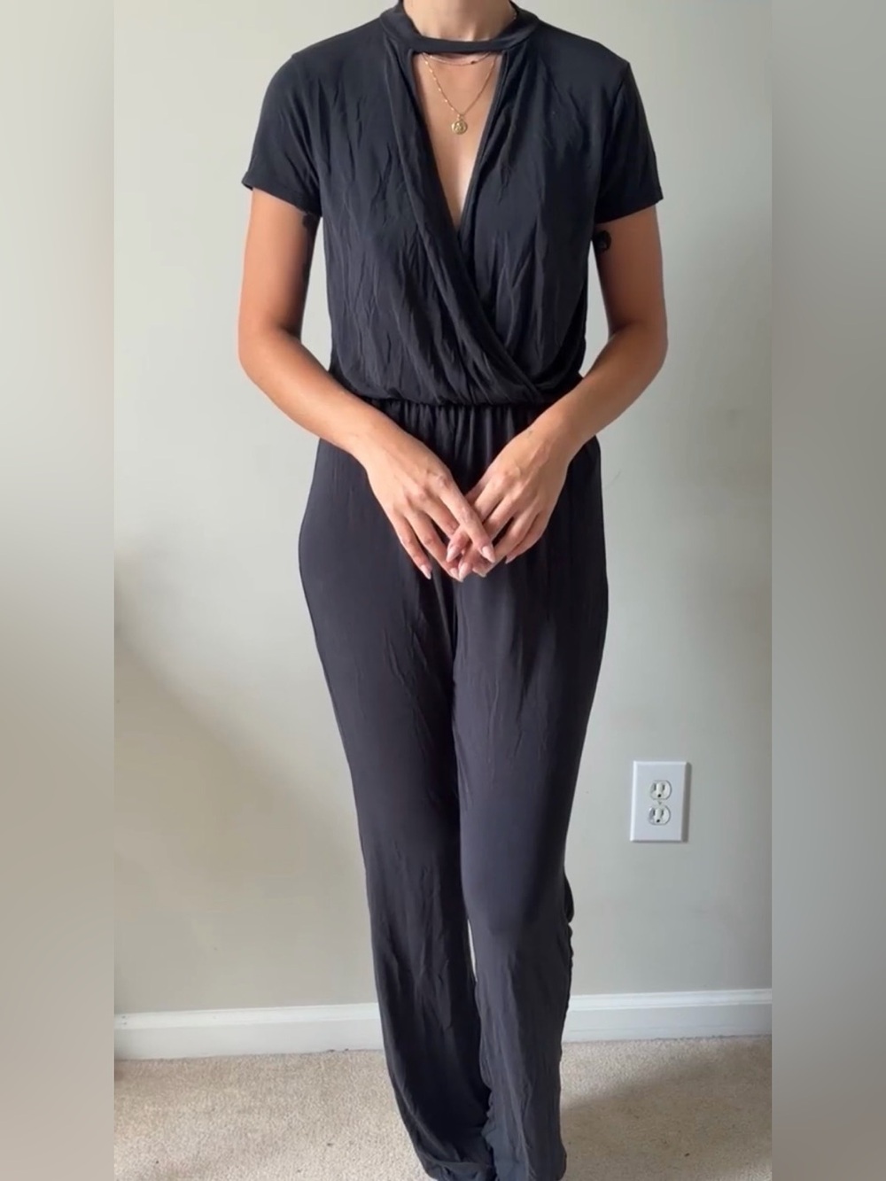 Black Short-Sleeve Surplice Jumpsuit Dress